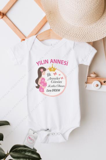 Kişiye Özel İlk Anneler Günü Hediyesi Baskılı Beyaz Bebek Body Zıbın 